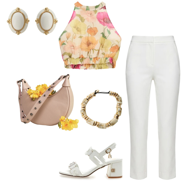 Outfit donna - Giornate calde in città. Stile Sexy per Tutti i giorni. Abbinamento con orecchini, borse a spalla, top, braccialetti, pantaloni, sandali col tacco.