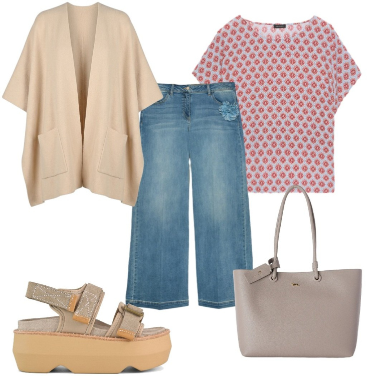 Outfit donna - Total look #2450703. Stile 70s per Tutti i giorni. Abbinamento con shopping bag, cappe, jeans, t-shirt, sandali col tacco.