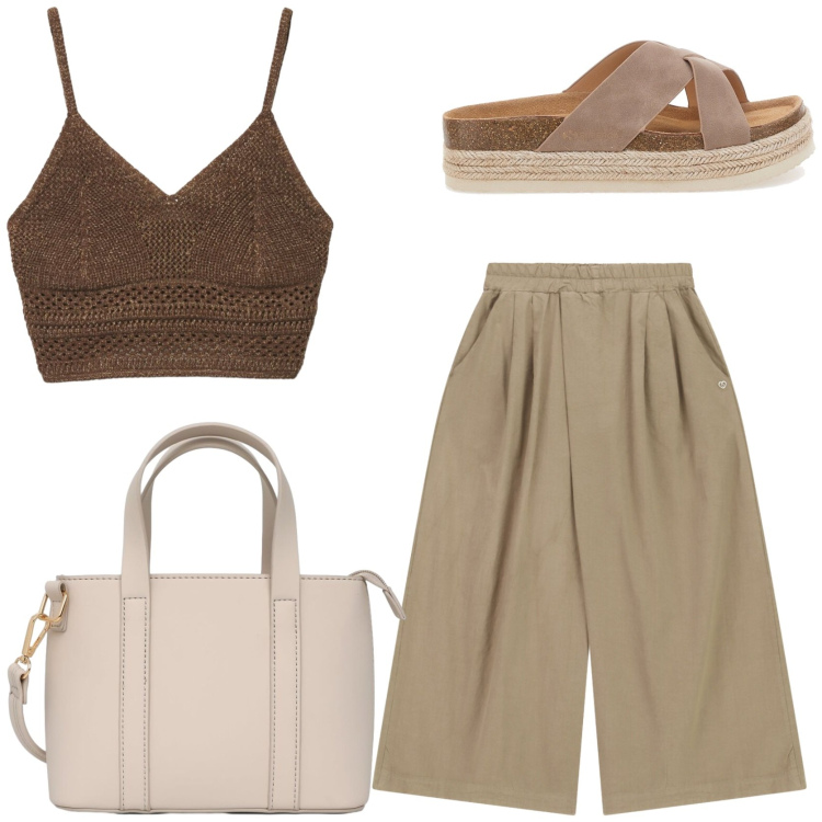 Outfit donna - Weekend in una città d\' arte. Stile Casual per Tutti i giorni. Abbinamento con top, borse a tracolla, pantaloni a palazzo, ciabatte.