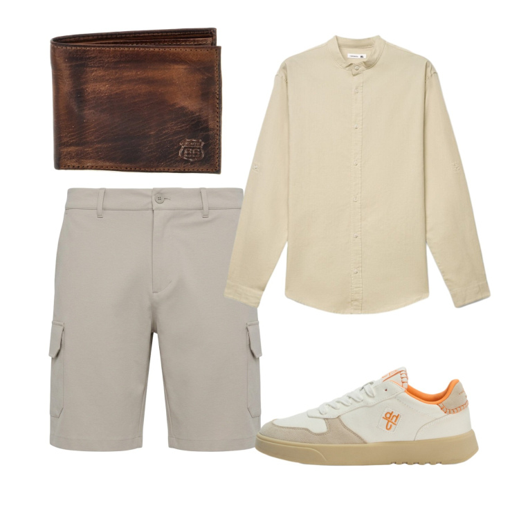 Outfit uomo - Agosto. Stile Casual per Tutti i giorni. Abbinamento con sneakers, camicie, pantaloni corti, portafogli.