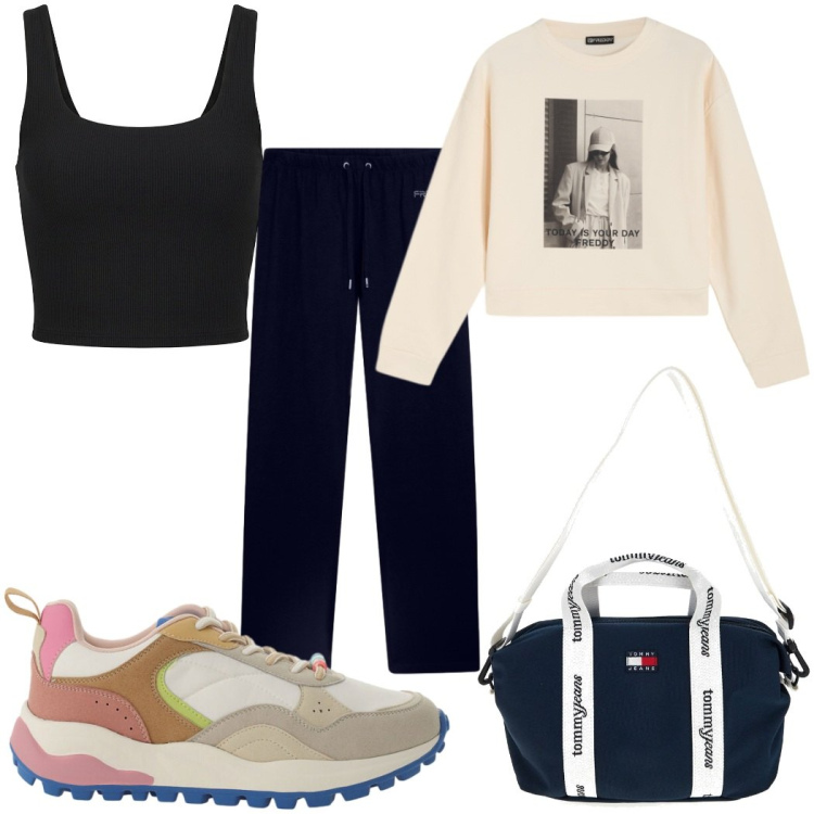 Outfit donna - Total look #2450708. Stile Basic per Sport. Abbinamento con sneakers, pantaloni, felpe, canottiere, shopping bag.