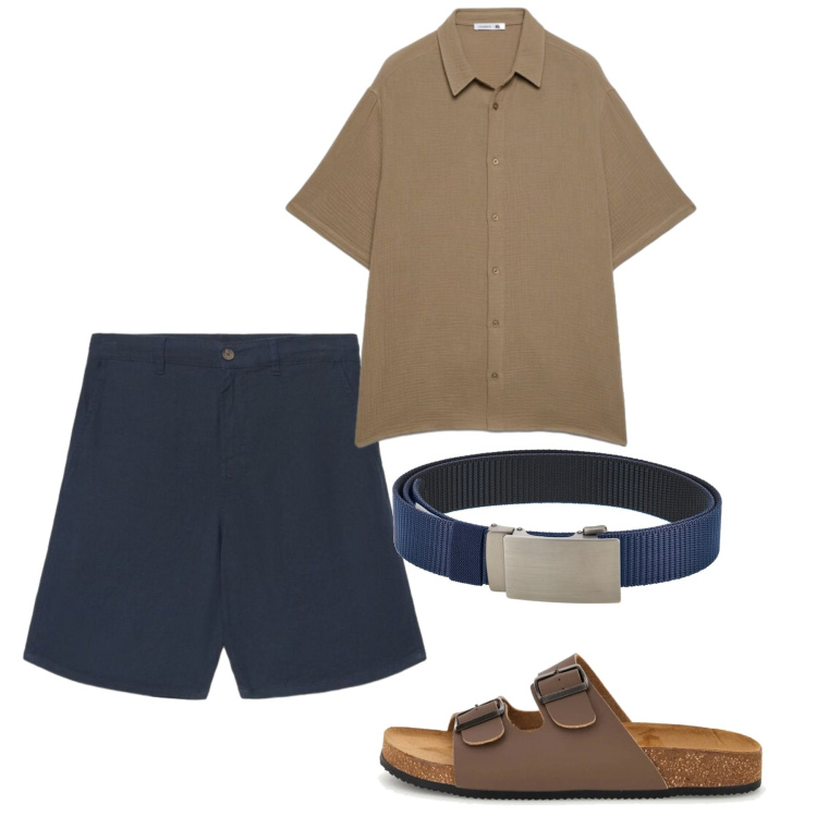 Outfit uomo - Agosto. Stile Casual per Tutti i giorni. Abbinamento con camicie a manica corta, shorts, cinture, sandali.