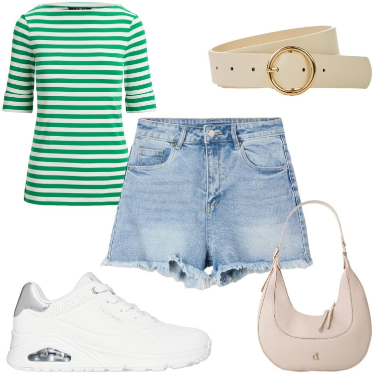 Outfit donna - Total look #2450711. Stile Casual per Tutti i giorni. Abbinamento con cinture, shorts, borse a tracolla, t-shirt, sneakers.