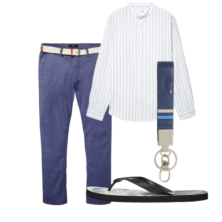Outfit uomo - Ag. Stile Casual per Tutti i giorni. Abbinamento con pantaloni chino, portachiavi, sandali, camicie.