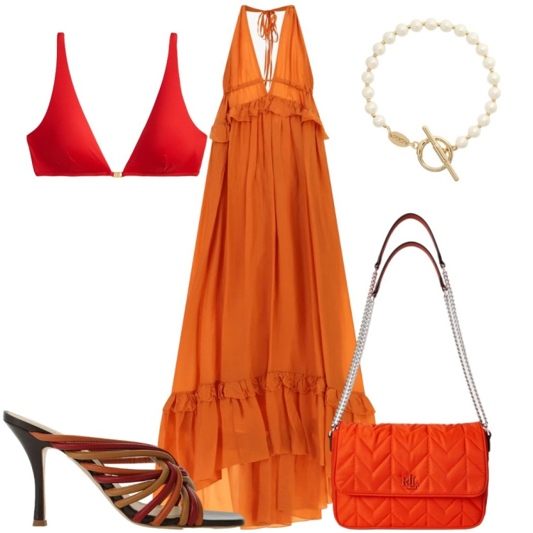 Outfit donna - Total look #2450715. Stile Trendy per Mare. Abbinamento con sandali col tacco, vestiti lunghi, borse a tracolla, bikini, braccialetti.