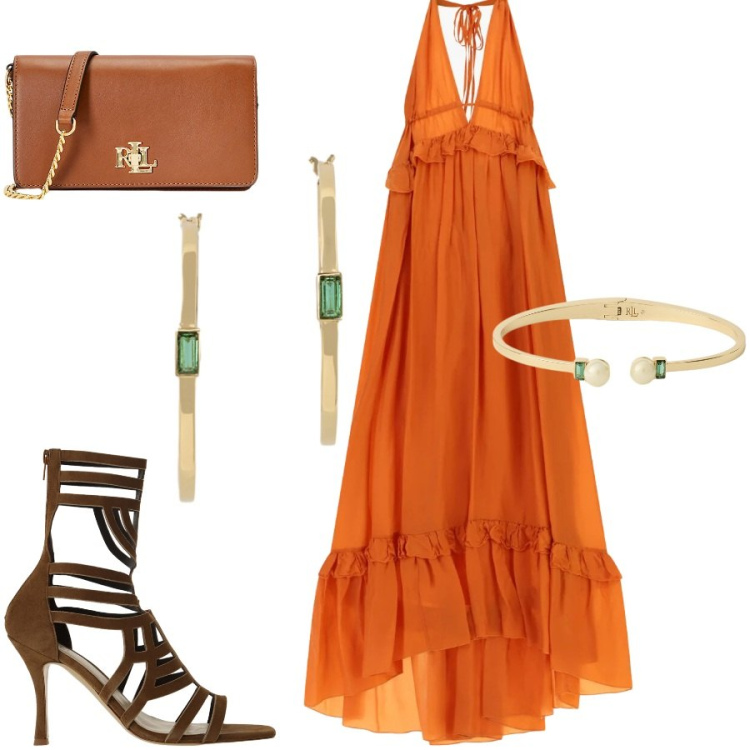 Outfit donna - Sunset muse. Stile Chic per Serata fuori. Abbinamento con sandali col tacco, vestiti lunghi, borse a mano, orecchini, braccialetti.