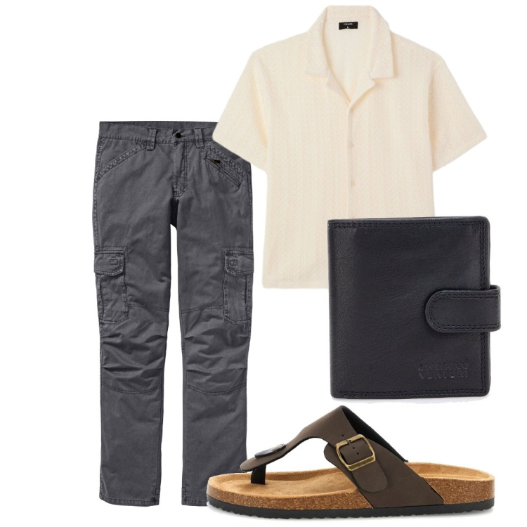 Outfit uomo - Agosto. Stile Casual per Tutti i giorni. Abbinamento con pantaloni cargo, camicie a manica corta, portafogli, sandali.