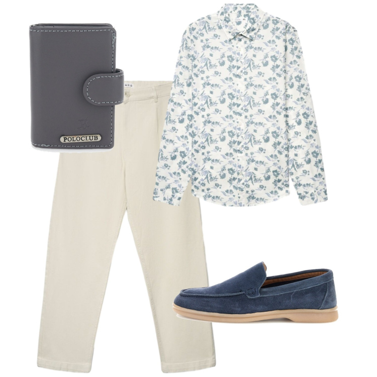 Outfit uomo - Agosto. Stile Casual per Tutti i giorni. Abbinamento con camicie, pantaloni chino, portafogli, scarpe stringate.