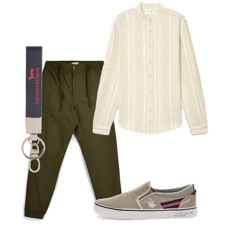 Outfit uomo - Serata fresca. Stile Casual per Tutti i giorni. Abbinamento con portachiavi, camicie, scarpe stringate, pantaloni cargo.