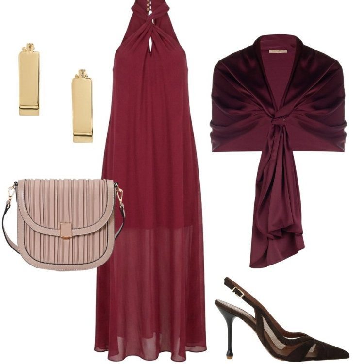 Outfit donna - Musa della sera. Stile Glamour per Serata fuori. Abbinamento con décolleté, stole, borse a tracolla, vestiti lunghi, orecchini.