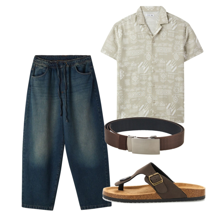 Outfit uomo - Agosto. Stile Casual per Tutti i giorni. Abbinamento con camicie a manica corta, jeans, cinture, sandali.