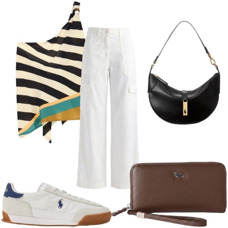 Outfit donna - Total look #2450727. Stile Casual per Tutti i giorni. Abbinamento con pantaloni cargo, portafogli, top, borse a spalla, sneakers.