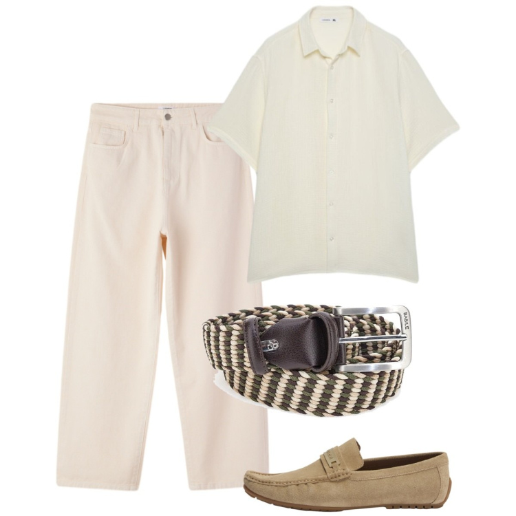 Outfit uomo - Agosto. Stile Casual per Tutti i giorni. Abbinamento con scarpe stringate, pantaloni, camicie a manica corta, cinture.