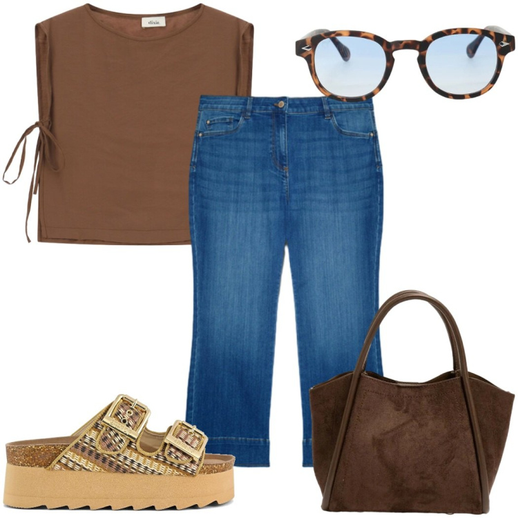 Outfit donna - Total look #2450730. Stile Etnico per Tutti i giorni. Abbinamento con occhiali da sole, top, borse a spalla, jeans dritti, sandali.