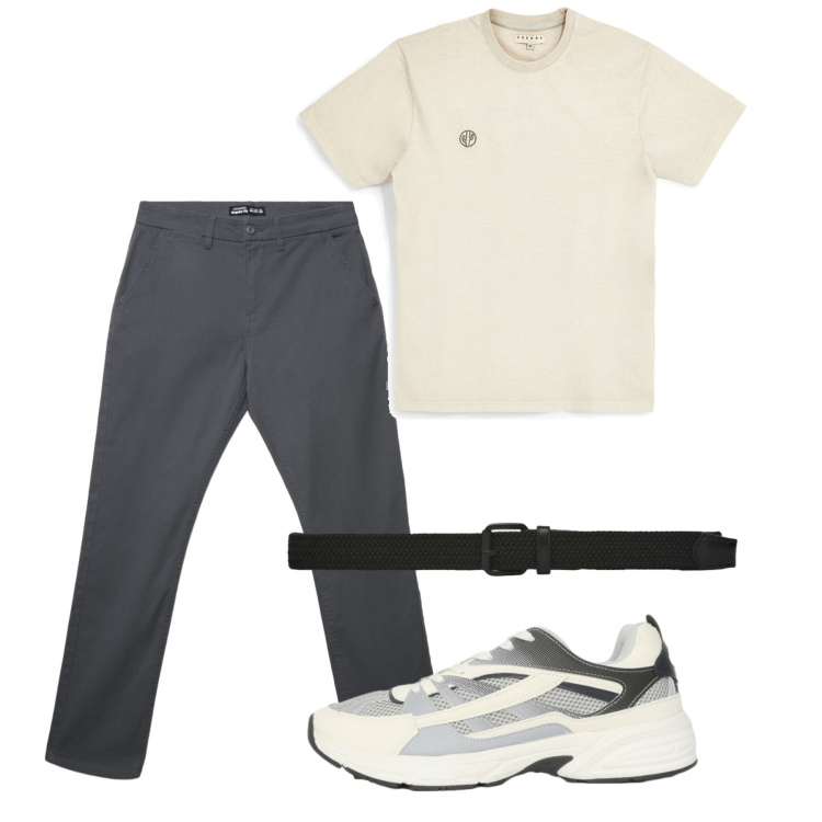 Outfit uomo - Agosto. Stile Casual per Tutti i giorni. Abbinamento con sneakers, pantaloni chino, cinture, t-shirt.