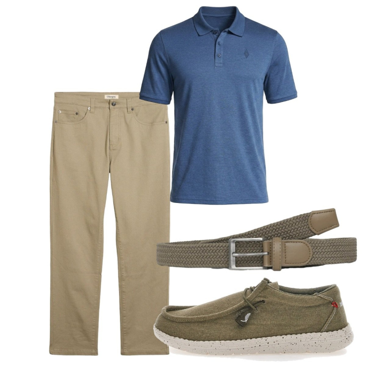 Outfit uomo - Agosto. Stile Casual per Tutti i giorni. Abbinamento con pantaloni, cinture, scarpe stringate, polo.