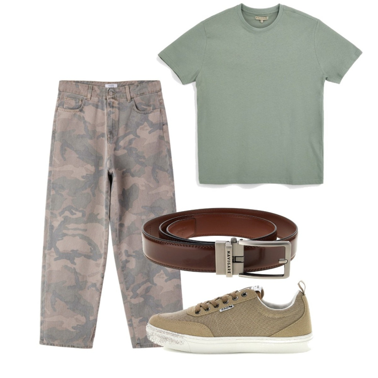 Outfit uomo - Agosto. Stile Casual per Tutti i giorni. Abbinamento con pantaloni, cinture, sneakers, t-shirt.