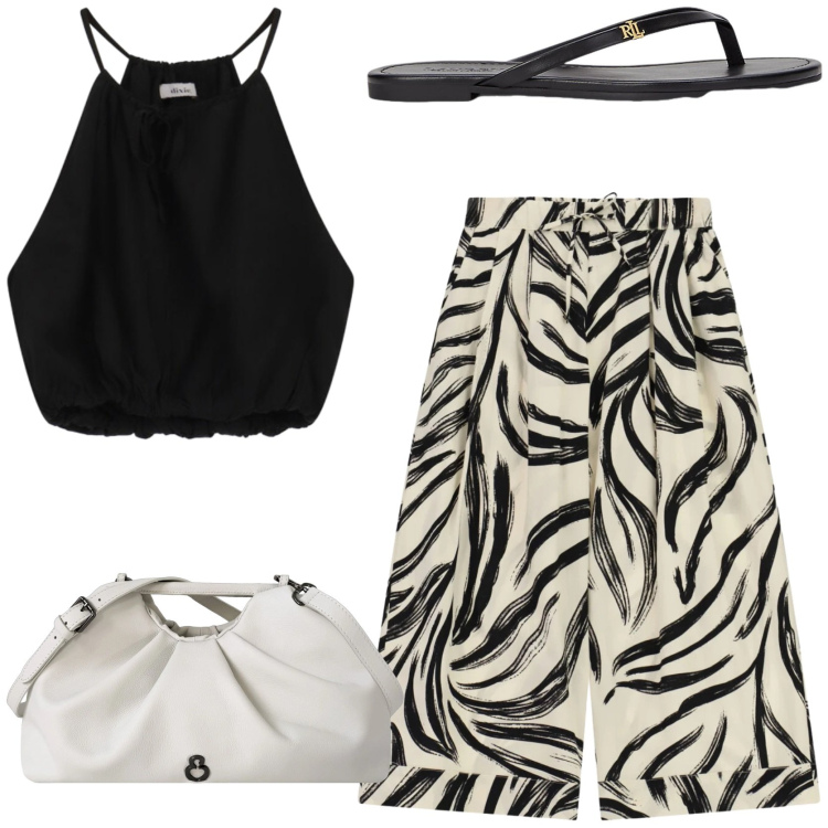 Outfit donna - Street style. Stile Casual per Tutti i giorni. Abbinamento con pantaloni a palazzo, top, ciabatte, clutch.