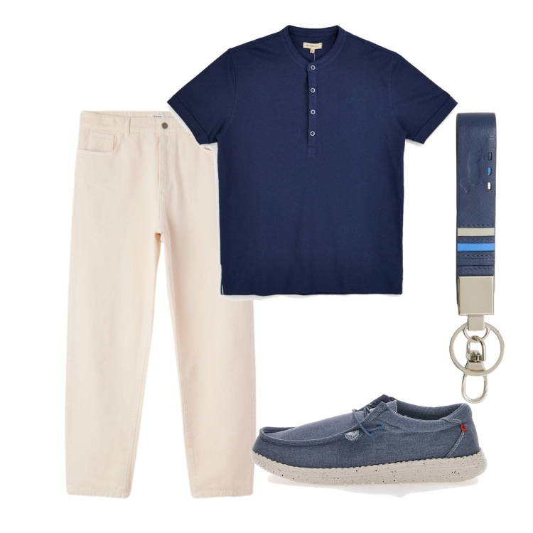 Outfit uomo - Agosto. Stile Casual per Tutti i giorni. Abbinamento con portachiavi, pantaloni, scarpe stringate, t-shirt.