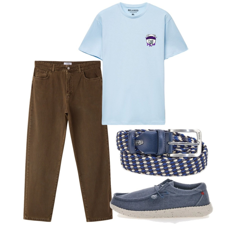 Outfit uomo - Agosto. Stile Casual per Tutti i giorni. Abbinamento con pantaloni, t-shirt, scarpe stringate, cinture.