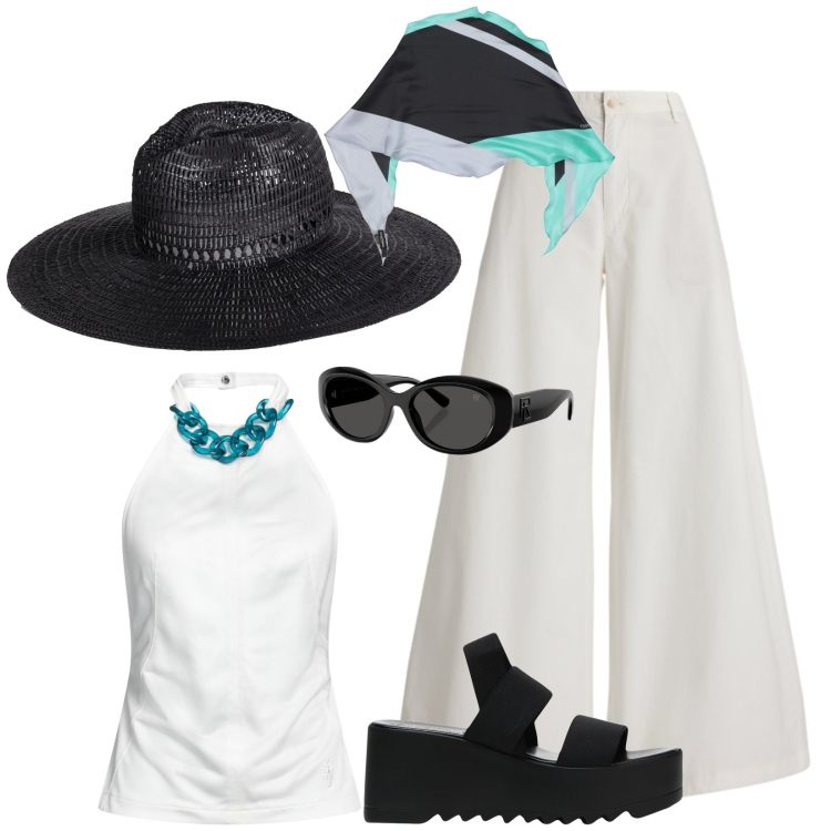 Outfit donna - Total look #2450743. Stile Sporty chic per Tutti i giorni. Abbinamento con top, cappelli, sandali col tacco, stole, occhiali da sole, pantaloni.