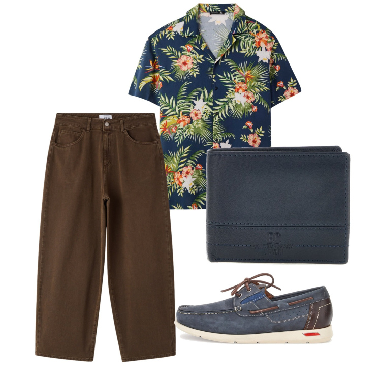 Outfit uomo - Agosto. Stile Casual per Tutti i giorni. Abbinamento con camicie a manica corta, pantaloni, portafogli, scarpe stringate.