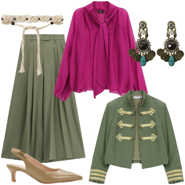 Outfit donna - Audace trend di mezza stagione. Stile Trendy per Serata fuori. Abbinamento con décolleté, cinture, cappotti, bluse, pantaloni a palazzo, orecchini.
