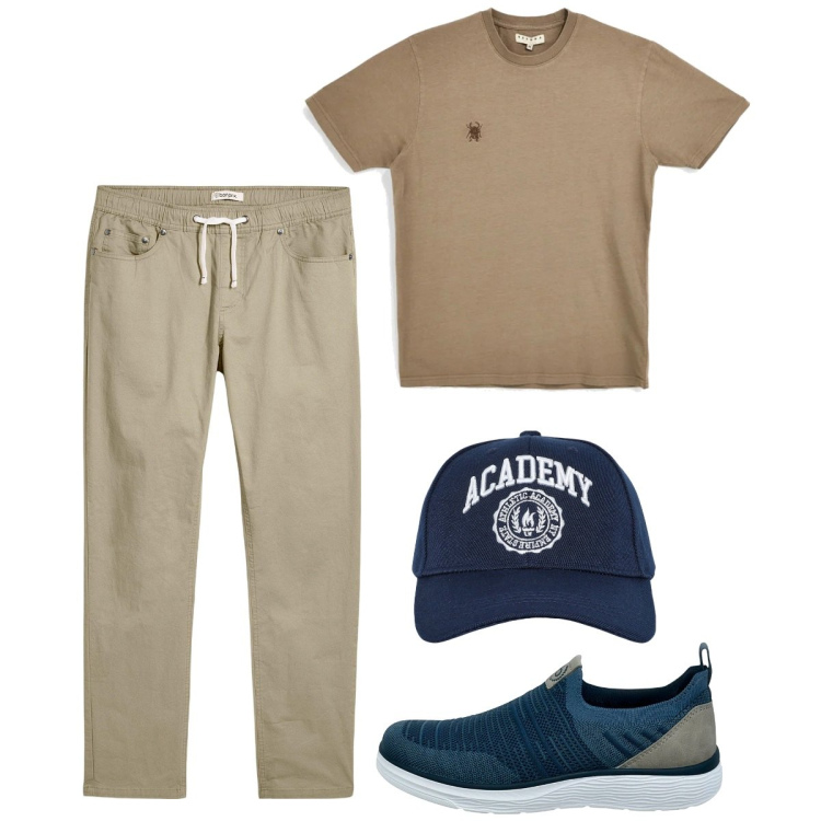 Outfit uomo - Agosto. Stile Casual per Tutti i giorni. Abbinamento con pantaloni, cappelli con visiera, scarpe stringate, t-shirt.