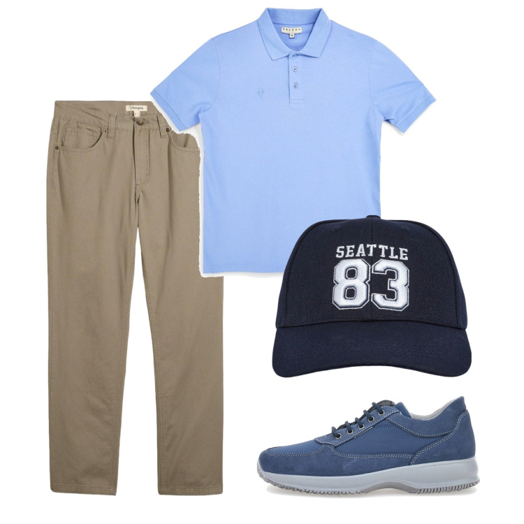 Outfit uomo - Agosto. Stile Casual per Tutti i giorni. Abbinamento con pantaloni, cappelli con visiera, scarpe stringate, polo.