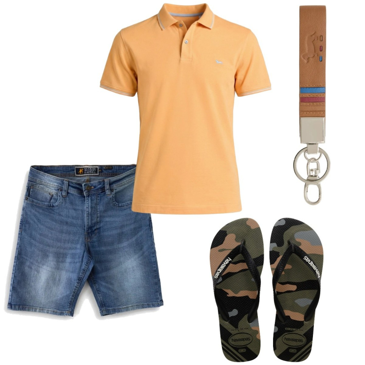 Outfit uomo - Agosto. Stile Casual per Tutti i giorni. Abbinamento con polo, portachiavi, sandali, bermuda.