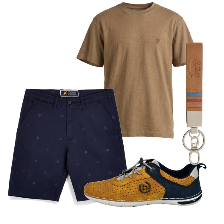 Outfit uomo - Agosto. Stile Casual per Tutti i giorni. Abbinamento con t-shirt, portachiavi, bermuda, sneakers.