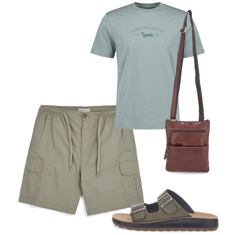 Outfit uomo - Agosto. Stile Casual per Tutti i giorni. Abbinamento con t-shirt, shorts, sandali, portafogli.