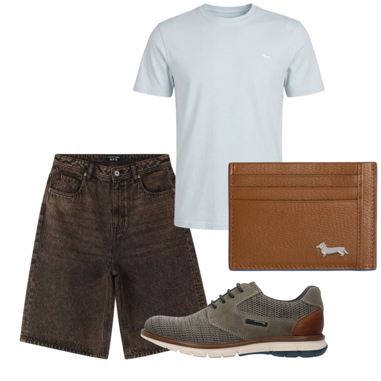 Outfit uomo - Agosto. Stile Casual per Tutti i giorni. Abbinamento con t-shirt, portafogli, bermuda, sneakers.