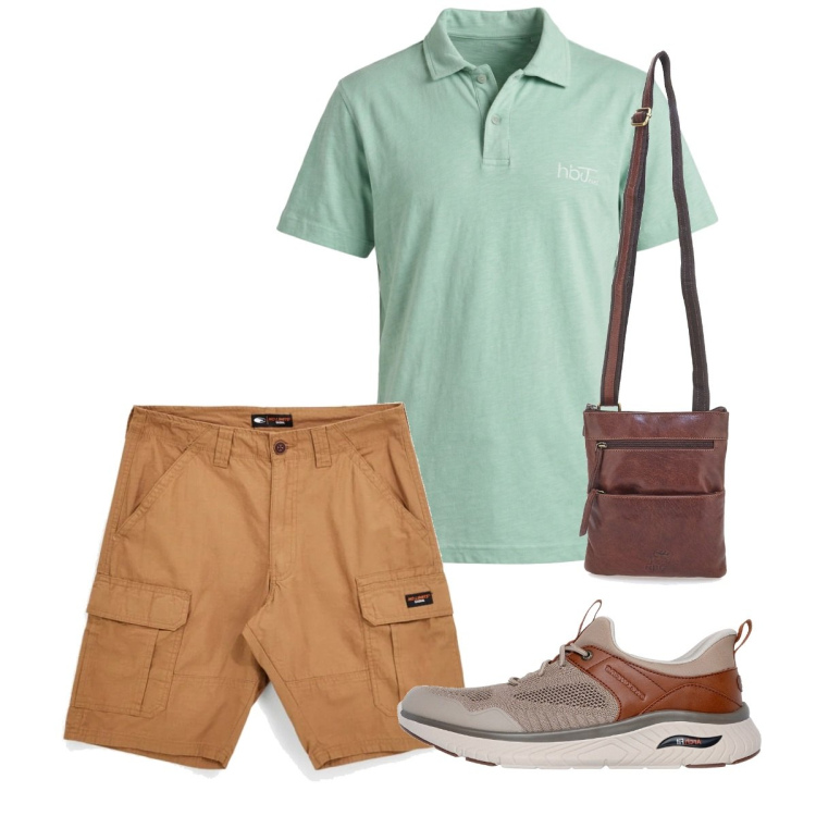 Outfit uomo - Agosto. Stile Casual per Tutti i giorni. Abbinamento con polo, scarpe stringate, bermuda, portafogli.