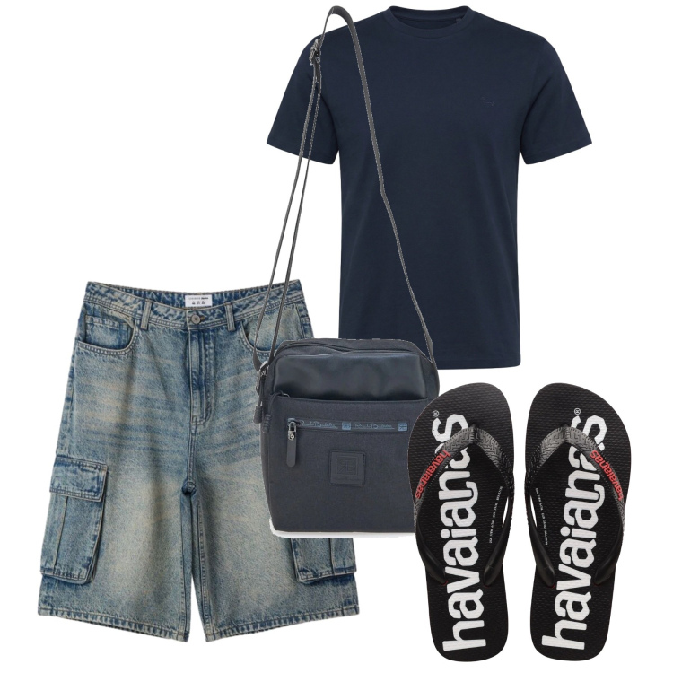 Outfit uomo - Agosto. Stile Casual per Tutti i giorni. Abbinamento con t-shirt, pantaloni corti, portafogli, sandali.