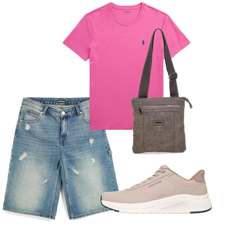 Outfit uomo - Agosto. Stile Casual per Tutti i giorni. Abbinamento con t-shirt, portafogli, shorts, sneakers.