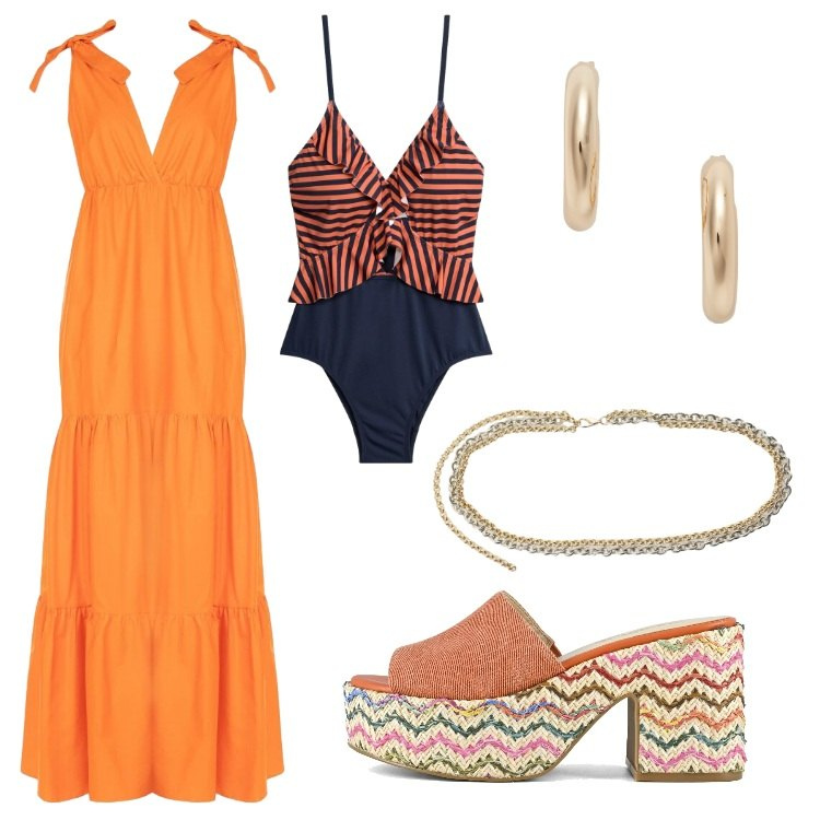 Outfit donna - Cocktail on the beach. Stile Etnico per Mare. Abbinamento con costumi interi, cinture, vestiti lunghi, orecchini, sandali col tacco.