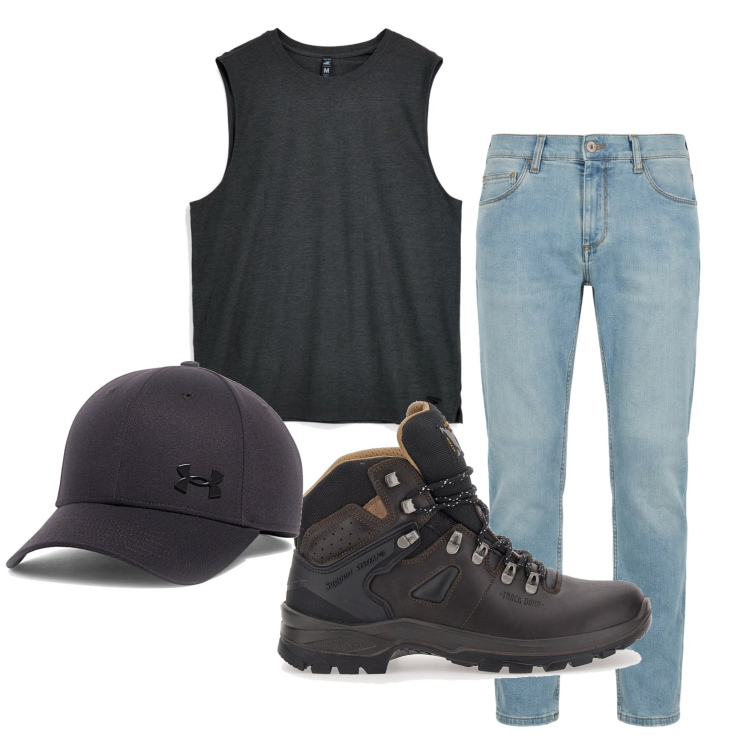 Outfit uomo - In montagna. Stile Casual per Sport. Abbinamento con jeans slim fit, stivali e stivaletti, cappelli con visiera, canottiere.