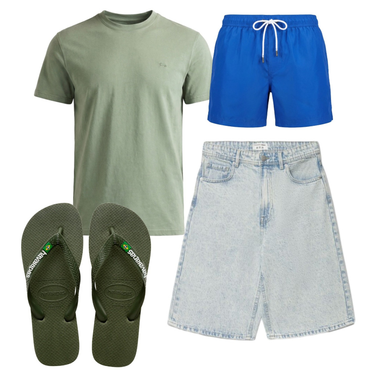 Outfit uomo - Total look #2450763. Stile Casual per Mare. Abbinamento con t-shirt, costumi, shorts, sandali.
