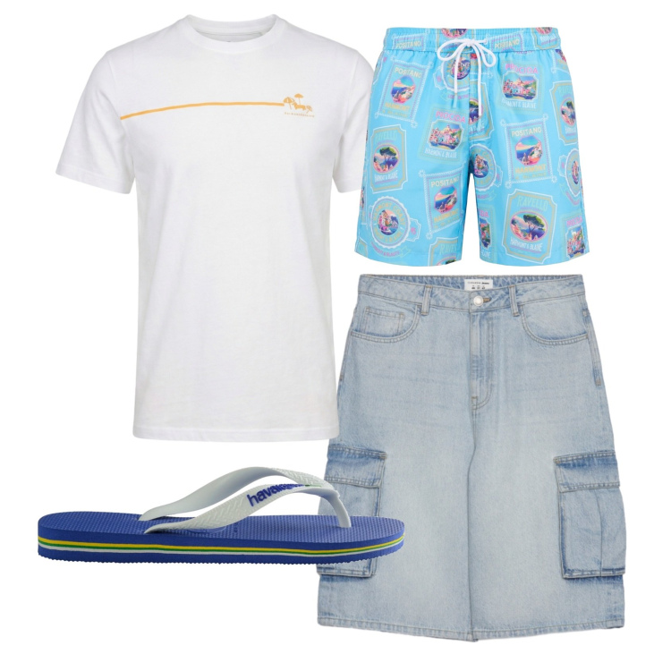 Outfit uomo - Total look #2450764. Stile Casual per Mare. Abbinamento con t-shirt, costumi, pantaloni corti, sandali.