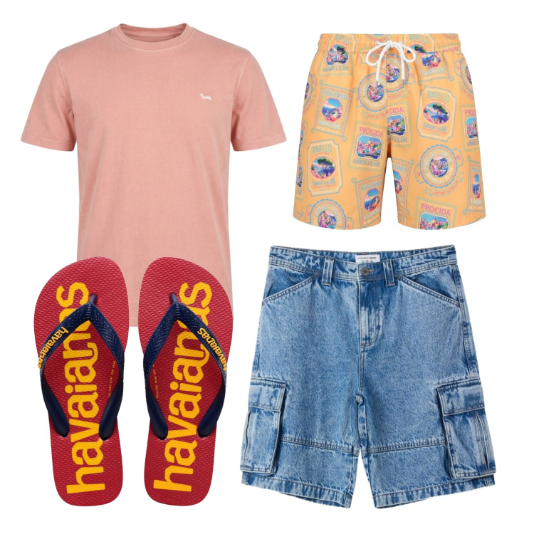 Outfit uomo - Total look #2450765. Stile Casual per Mare. Abbinamento con t-shirt, costumi, pantaloni corti, sandali.