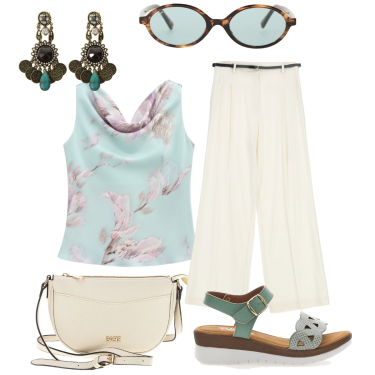 Outfit donna - Passeggiata tra i monumenti storici. Stile Casual chic per Tutti i giorni. Abbinamento con orecchini, top, occhiali da sole, pantaloni a palazzo, borse a tracolla, sandali.