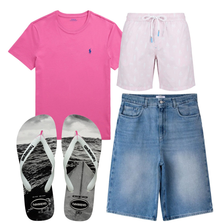 Outfit uomo - Total look #2450767. Stile Casual per Mare. Abbinamento con costumi, pantaloni corti, t-shirt, sandali.