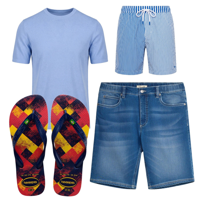 Outfit uomo - Total look #2450768. Stile Casual per Mare. Abbinamento con bermuda, t-shirt, costumi, sandali.