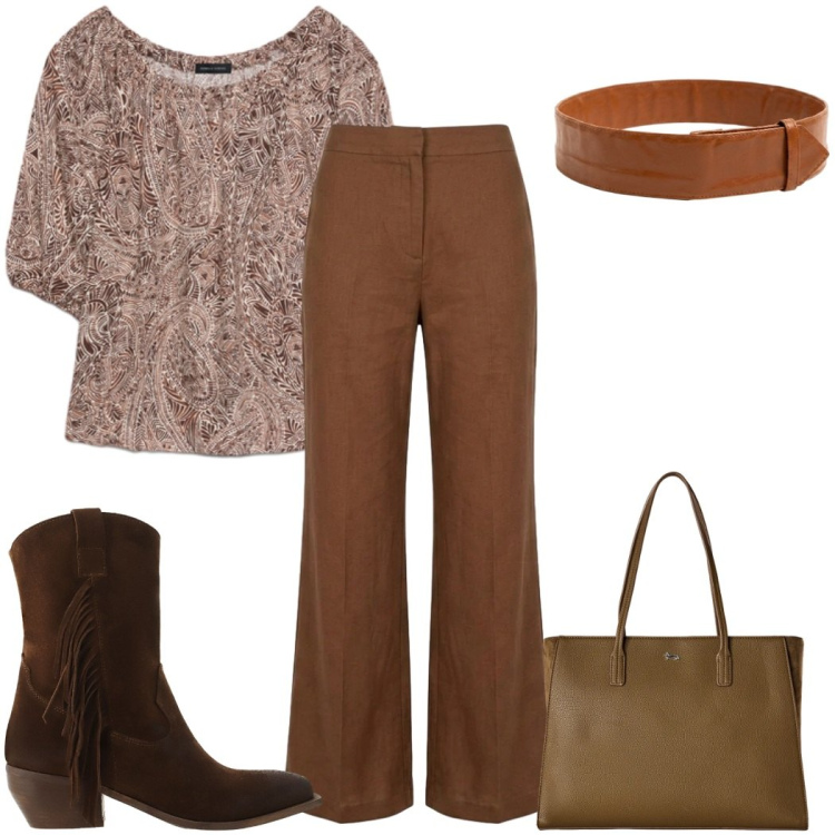 Outfit donna - Total look #2450769. Stile 70s per Tutti i giorni. Abbinamento con shopping bag, stivali, bluse, cinture, pantaloni.