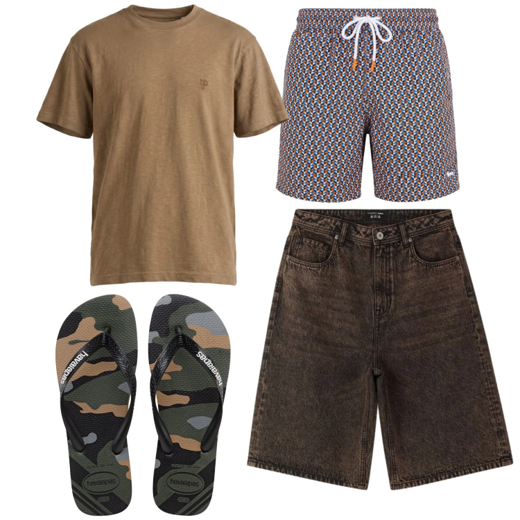 Outfit uomo - Total look #2450770. Stile Casual per Mare. Abbinamento con t-shirt, costumi, bermuda, sandali.