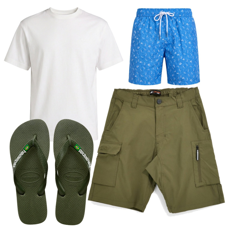 Outfit uomo - Total look #2450771. Stile Casual per Mare. Abbinamento con t-shirt, costumi, sandali, bermuda.