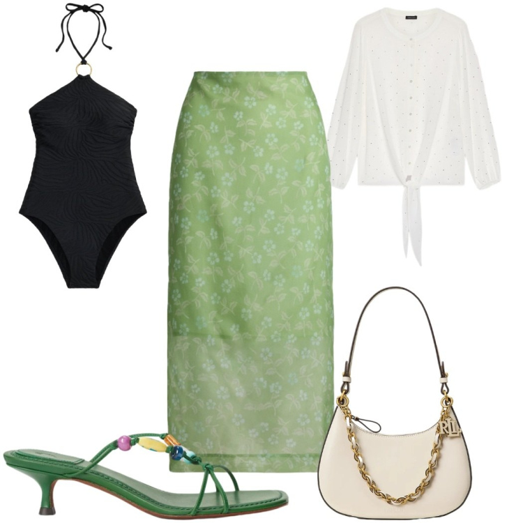 Outfit donna - Total look #2450772. Stile Trendy per Mare. Abbinamento con camicie, gonne longuette, sandali gioiello, borse a spalla, costumi interi.