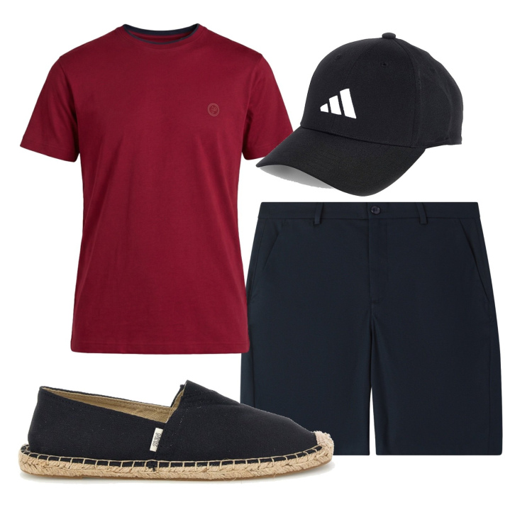 Outfit uomo - Total look #2450773. Stile Casual per Mare. Abbinamento con t-shirt, pantaloni corti, cappelli con visiera, espadrillas.