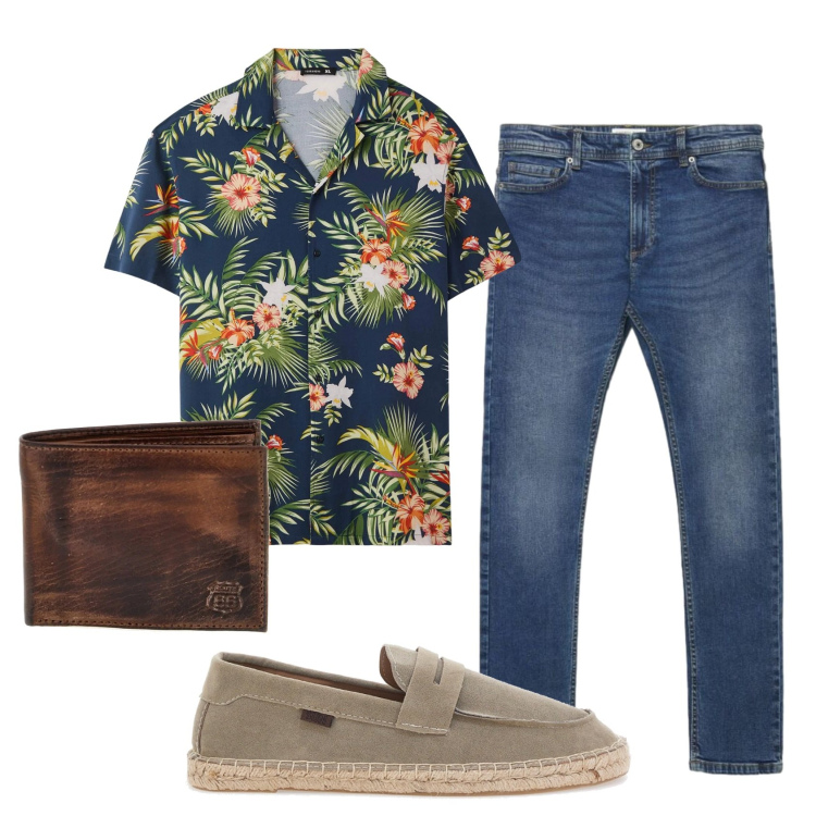 Outfit uomo - Total look #2450774. Stile Trendy per Tutti i giorni. Abbinamento con jeans skinny, camicie a manica corta, espadrillas, portafogli.
